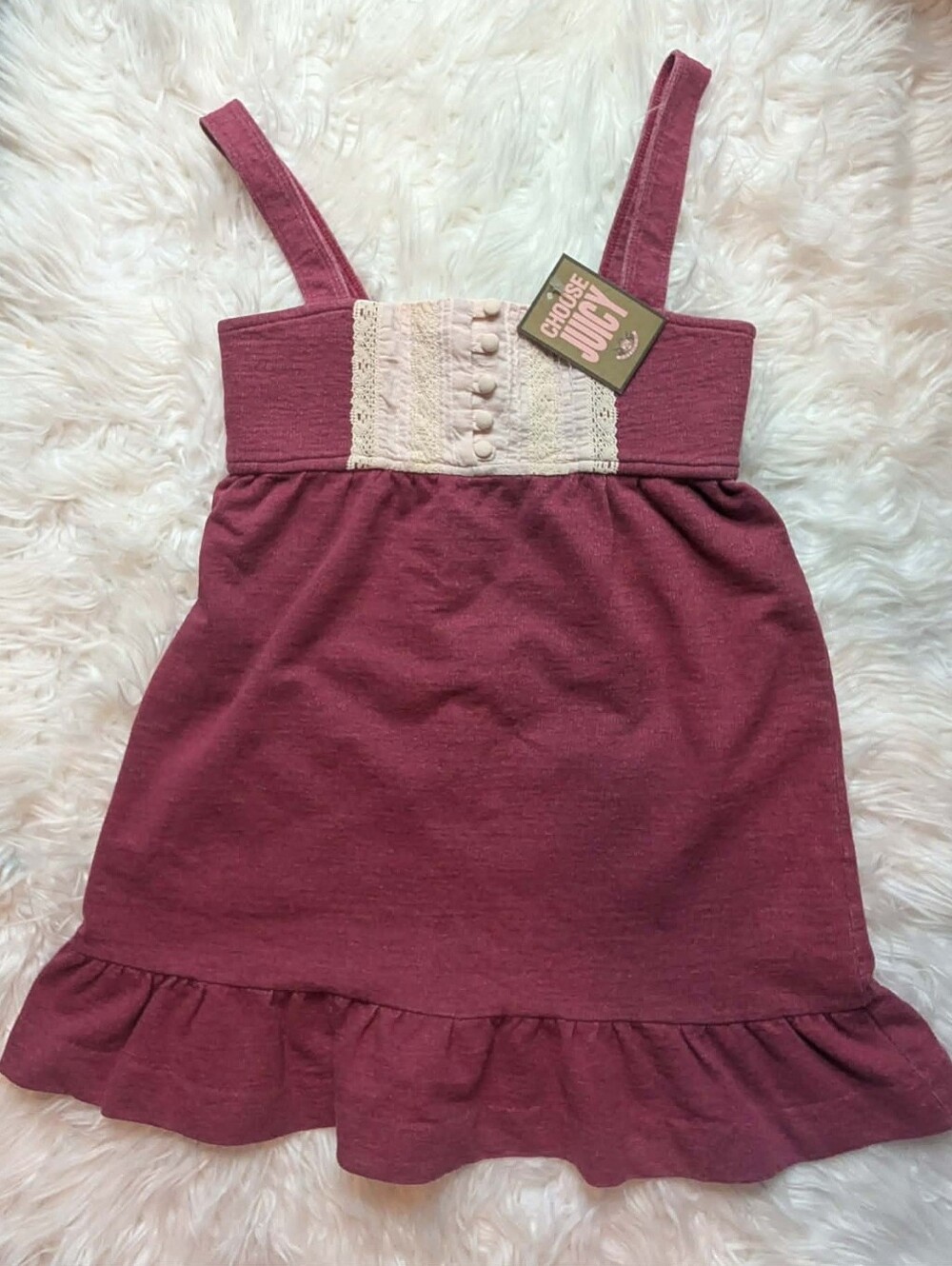 NWT Juicy Couture Maroon Babydoll Mini Dress Lace Trim Ruffle Girls Dress Vtg
